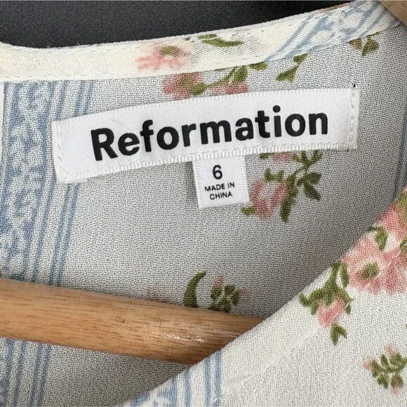 Reformation Women's Doutzen Dress 6 Ivory Surrey Floral Print Ruffle Hem Spring - Picture 5 of 10